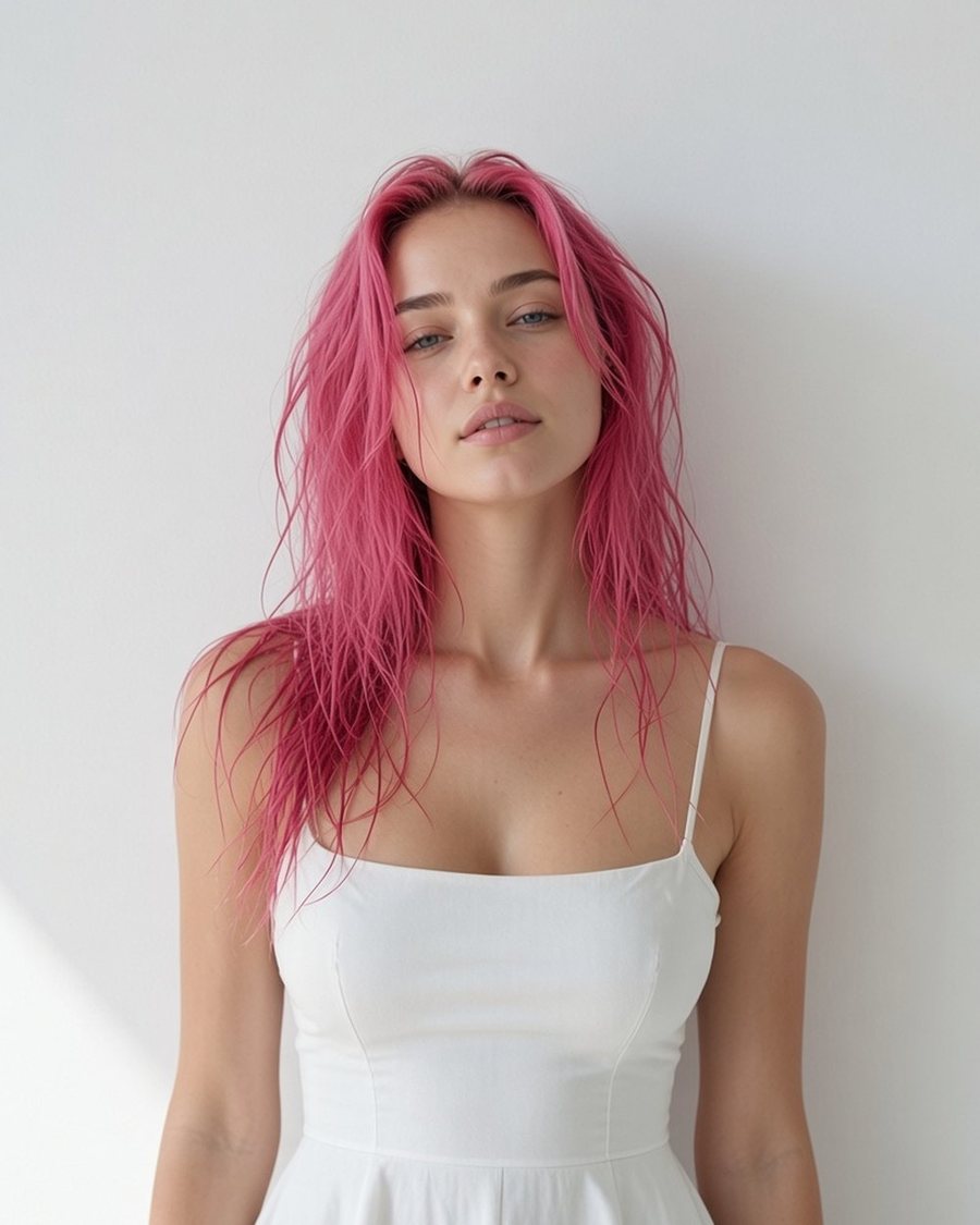 Sydney Lancaster, pink hair, white dress, against a pale wall